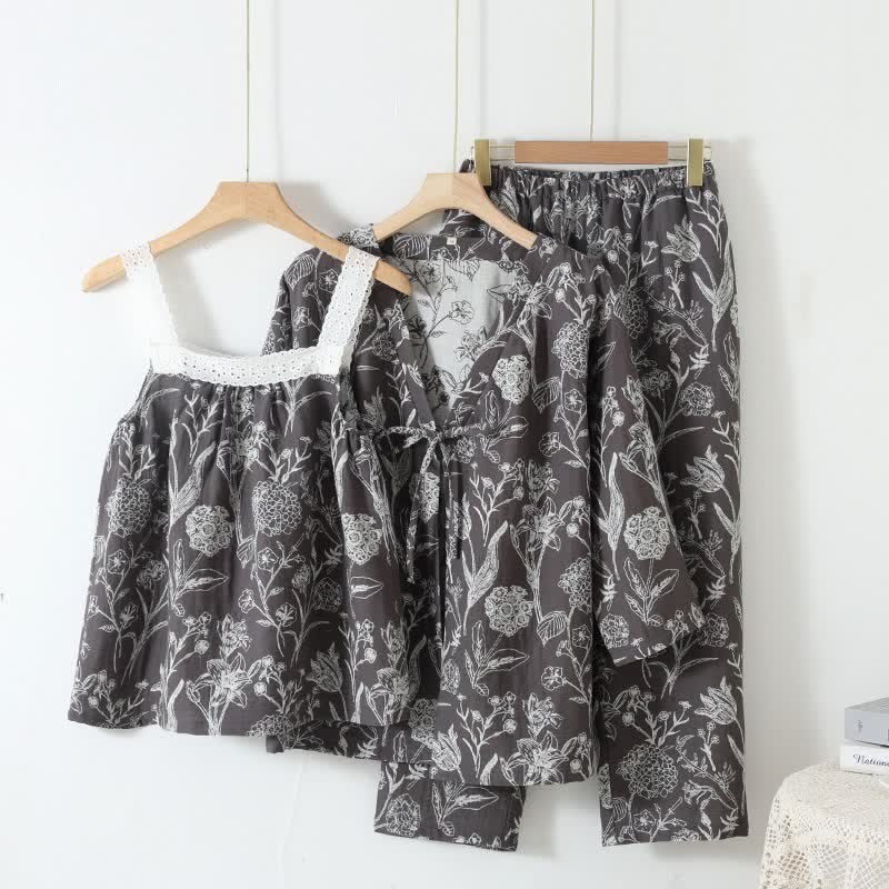 3-teiliger Pyjama-Satz aus reiner Baumwolle mit Blumenmuster - Dunkelgrau - L - image 12