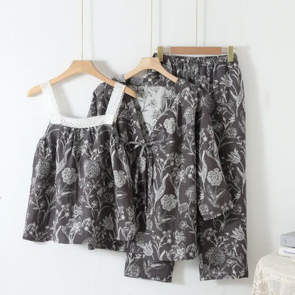 3-teiliger Pyjama-Satz aus reiner Baumwolle mit Blumenmuster - Dunkelgrau - L - image 12