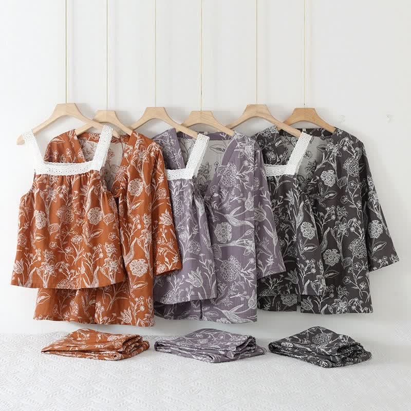 3-teiliger Pyjama-Satz aus reiner Baumwolle mit Blumenmuster - image 1