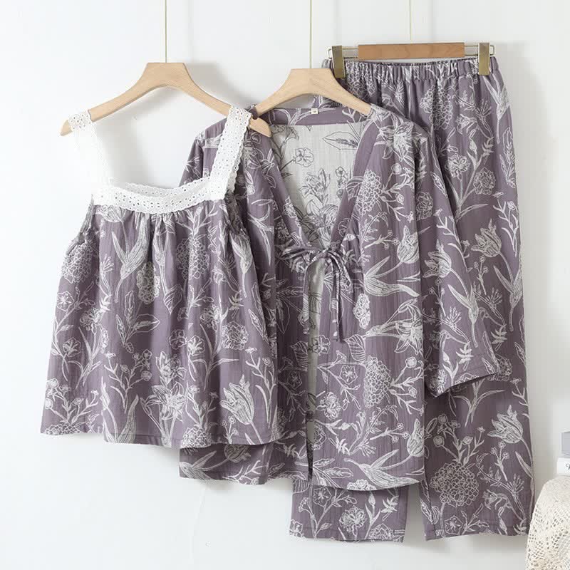 3-teiliger Pyjama-Satz aus reiner Baumwolle mit Blumenmuster - Lila - L - image 13