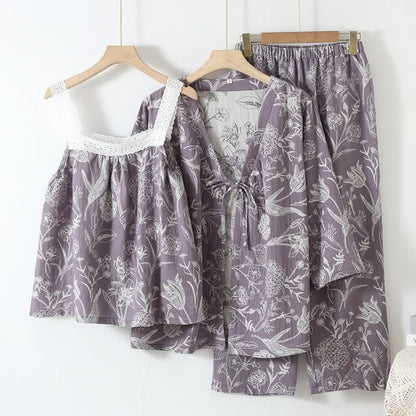 3-teiliger Pyjama-Satz aus reiner Baumwolle mit Blumenmuster - Lila - L - image 13