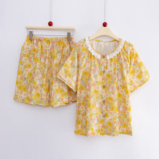 Cottagecore-Schlafanzug-Set aus Baumwolle mit Blumenmuster und Hasenmotiv - Gelb - Oberteil & Shorts - XL - image 0