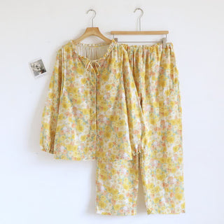 Cottagecore-Pyjama mit Blumenmuster und Hasenmotiv aus Bambusfaser - Gelb - XL - image 0