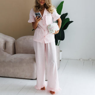 Rosa Baumwoll-Loungewear-Set mit Rüschen für Damen - Rosa - L - image 0