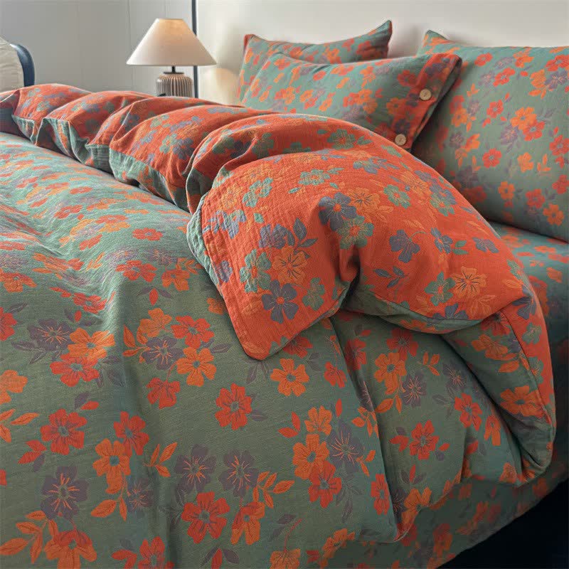 Bettwäsche aus reiner Baumwollgaze mit pastoralem Blumenmuster (4-teilig) - Grün - 220cm x 240cm - image 0