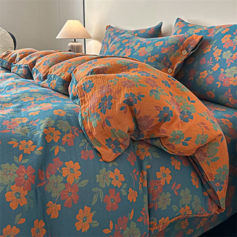 Bettwäsche aus reiner Baumwollgaze mit pastoralem Blumenmuster (4-teilig) - Blau - 220cm x 240cm - image 2