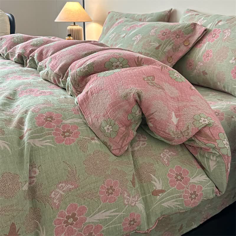Bettwäsche aus reiner Baumwollgaze mit Blumen- und Schmetterlingsmuster (4-teilig) - Grün - 220cm x 240cm - image 0