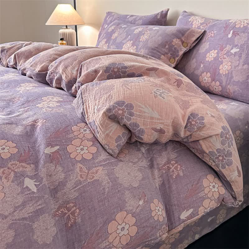 Bettwäsche aus reiner Baumwollgaze mit Blumen- und Schmetterlingsmuster (4-teilig) - Lila - 220cm x 240cm - image 2