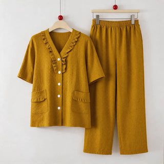 Senffarbenes Baumwoll-Loungewear-Set mit Rüschen - Gelb - 5XL - image 0