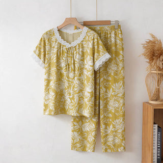 Loungewear-Set mit botanischem Baumwollspitzenbesatz - Gelb - 3XL - image 0