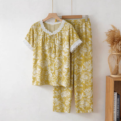 Loungewear-Set mit botanischem Baumwollspitzenbesatz - Gelb - 3XL - image 0