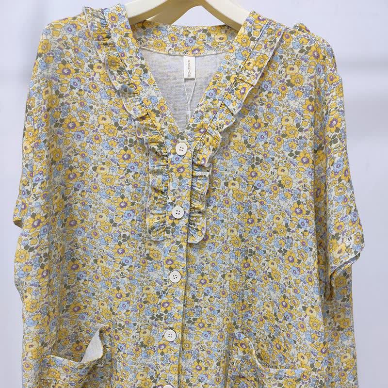Gelbes Loungewear-Set aus Baumwolle mit Blumenmuster und Rüschen - image 3