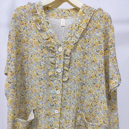 Gelbes Loungewear-Set aus Baumwolle mit Blumenmuster und Rüschen - image 3