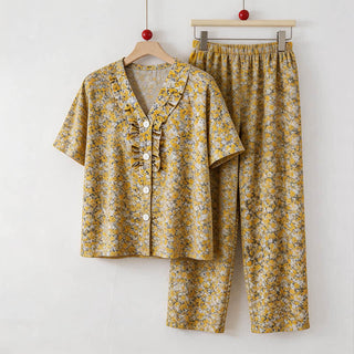 Gelbes Loungewear-Set aus Baumwolle mit Blumenmuster und Rüschen - Gelb - 5XL - image 0