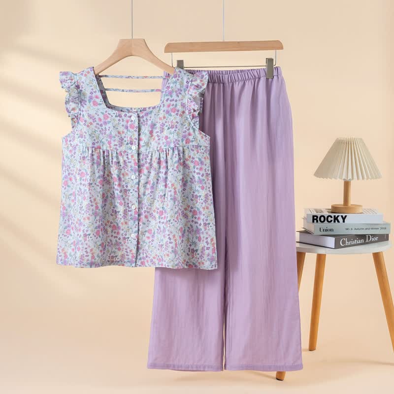 Loungewear-Set aus geblümtem Baumwollgaze mit Rüschen - Lila - XL - image 0