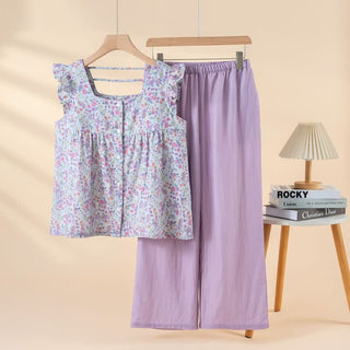 Loungewear-Set aus geblümtem Baumwollgaze mit Rüschen - Lila - XL - image 0