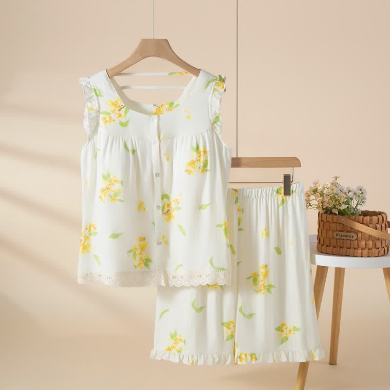 Ärmelloses Loungewear-Set mit Osmanthus-Rüschen und Spitze - Weiß - XL - image 0