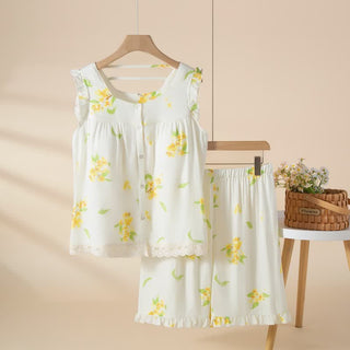 Ärmelloses Loungewear-Set mit Osmanthus-Rüschen und Spitze - Weiß - XL - image 0