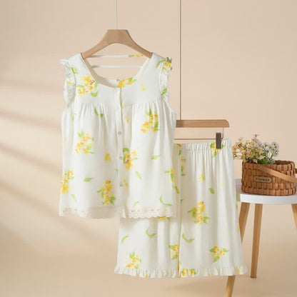 Ärmelloses Loungewear-Set mit Osmanthus-Rüschen und Spitze - Weiß - XL - image 0