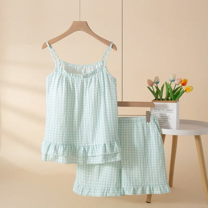 Loungewear-Set aus weicher Baumwolle mit Vichy-Karo und Rüschen - Grün - XL - image 7