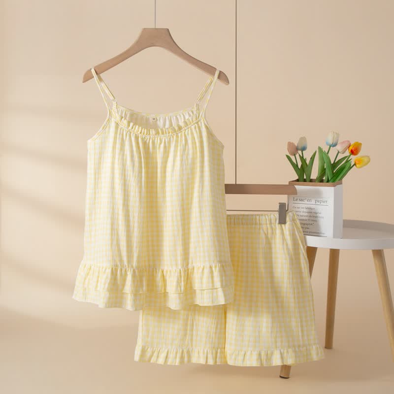 Loungewear-Set aus weicher Baumwolle mit Vichy-Karo und Rüschen - Gelb - XL - image 9