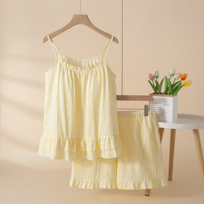 Loungewear-Set aus weicher Baumwolle mit Vichy-Karo und Rüschen - Gelb - XL - image 9