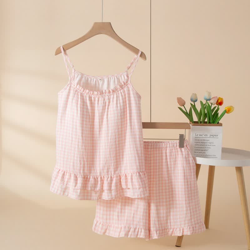 Loungewear-Set aus weicher Baumwolle mit Vichy-Karo und Rüschen - Rosa - XL - image 0