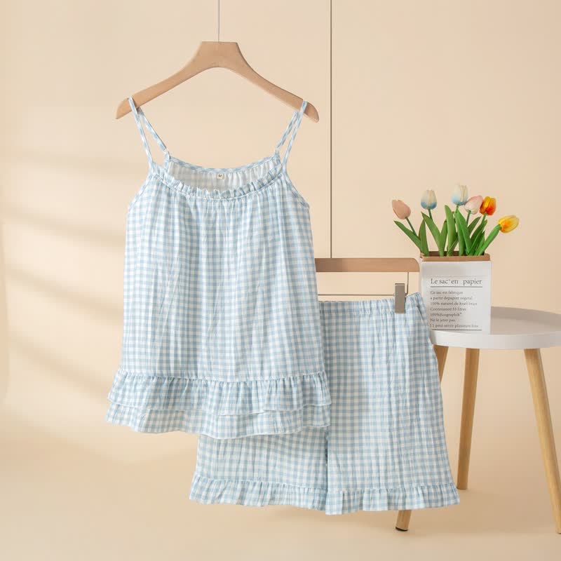 Loungewear-Set aus weicher Baumwolle mit Vichy-Karo und Rüschen - Blau - XL - image 6