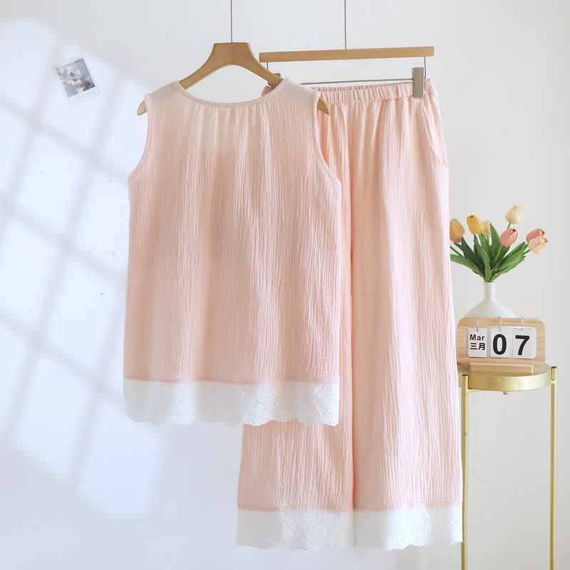 Loungewear-Set aus einfarbiger Baumwollgaze und Spitze - image 3