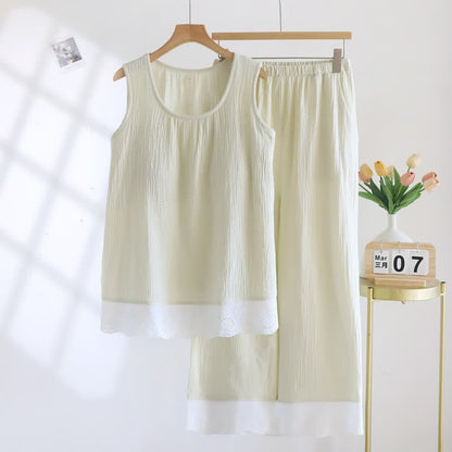 Loungewear-Set aus einfarbiger Baumwollgaze und Spitze - Grün - XXL - image 14