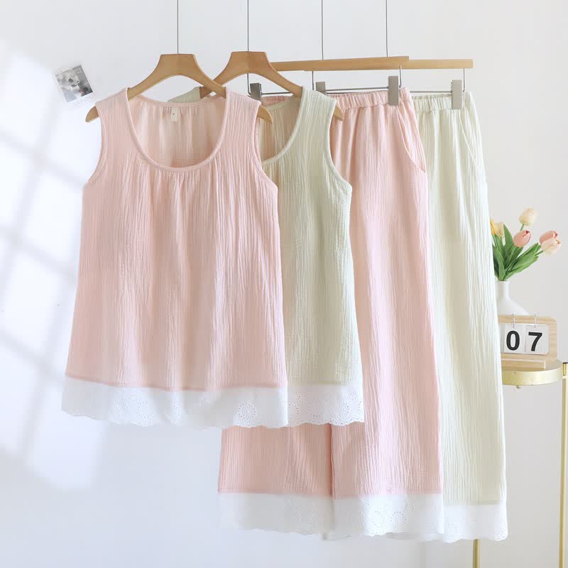 Loungewear-Set aus einfarbiger Baumwollgaze und Spitze - image 0