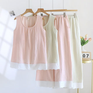 Loungewear-Set aus einfarbiger Baumwollgaze und Spitze - image 0