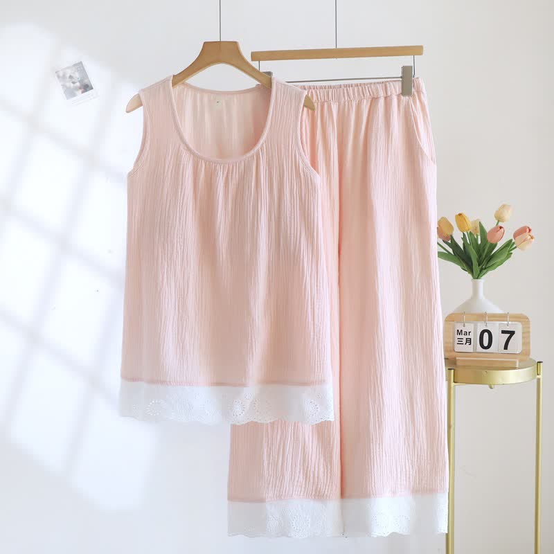 Loungewear-Set aus einfarbiger Baumwollgaze und Spitze - Rosa - XXL - image 2