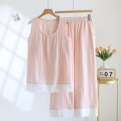 Loungewear-Set aus einfarbiger Baumwollgaze und Spitze - Rosa - XXL - image 2