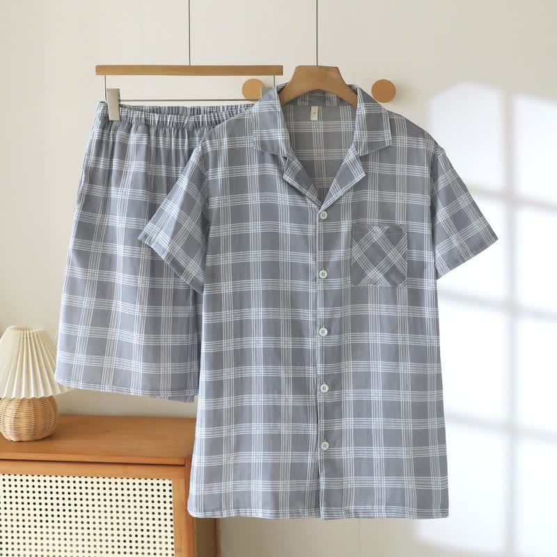 Kurzarm-Schlafanzug-Set aus karierter Baumwolle - Grau - XXL - image 14