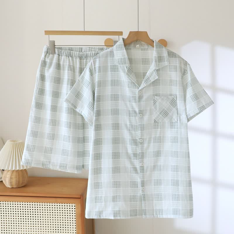Kurzarm-Schlafanzug-Set aus karierter Baumwolle - Hellgrün - XXL - image 13