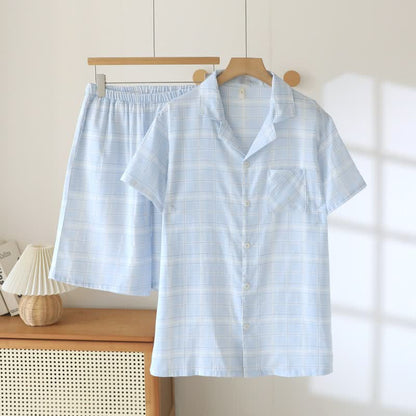 Kurzarm-Schlafanzug-Set aus karierter Baumwolle - Blau & Weiß - XXL - image 2
