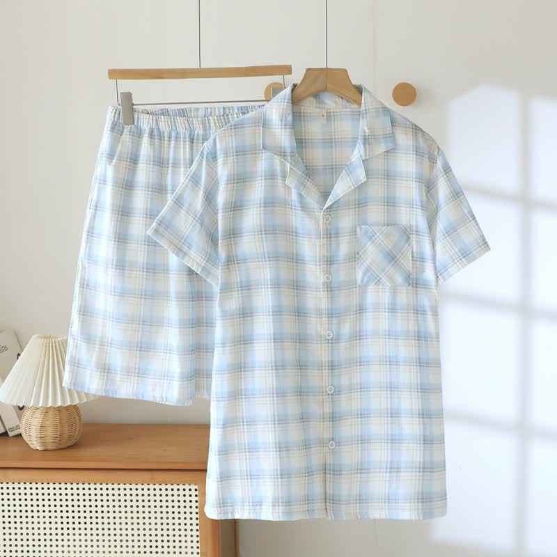 Kurzarm-Schlafanzug-Set aus karierter Baumwolle - Blau & Grau - XXL - image 15