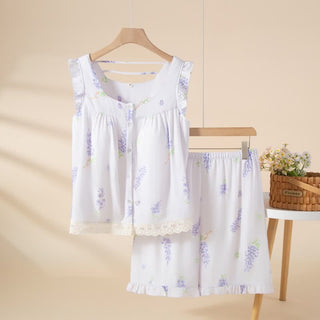 Lila Pyjama-Set aus Baumwolle mit Rüschen und Blumenmuster - Lila - XL - image 0