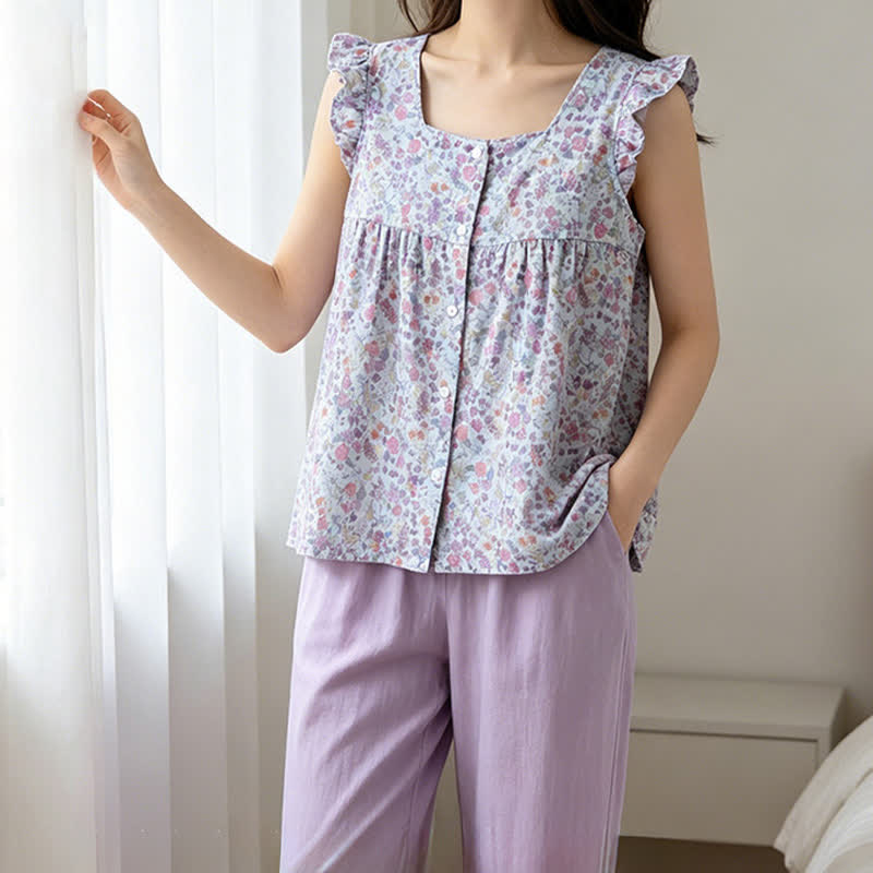 Loungewear-Set aus geblümtem Baumwollgaze mit Rüschen - image 1