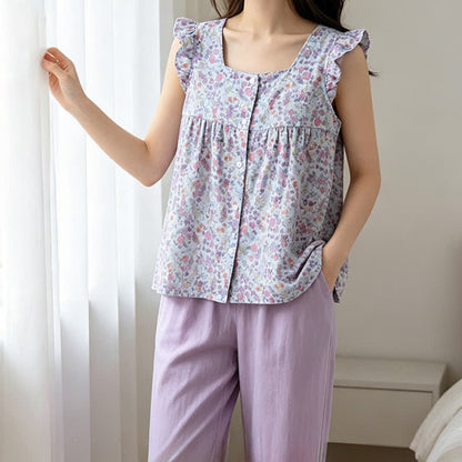 Loungewear-Set aus geblümtem Baumwollgaze mit Rüschen - image 1