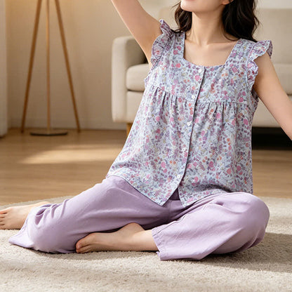 Loungewear-Set aus geblümtem Baumwollgaze mit Rüschen - image 4