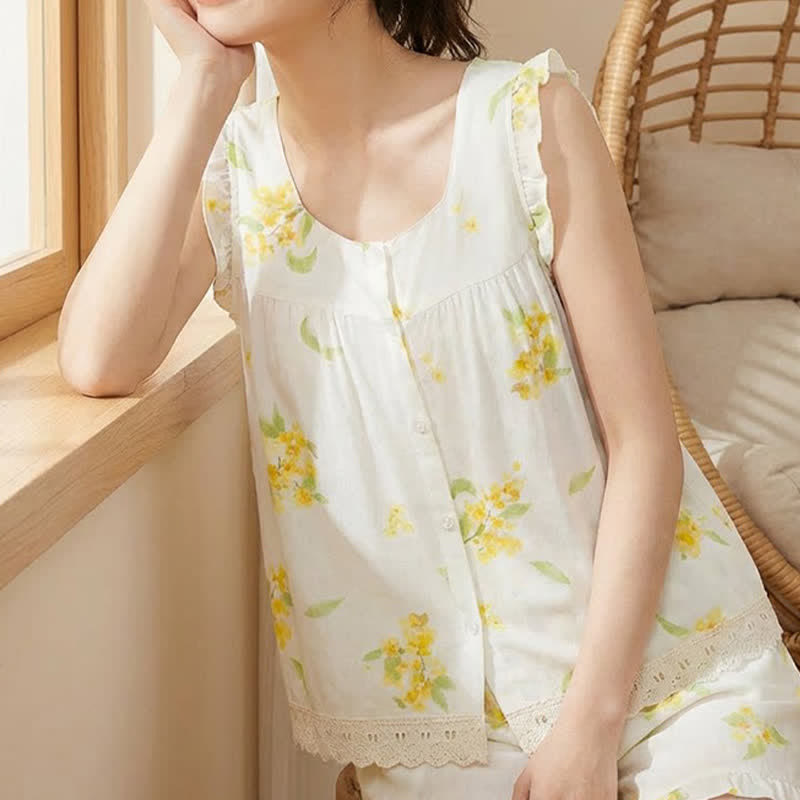 Ärmelloses Loungewear-Set mit Osmanthus-Rüschen und Spitze - image 5