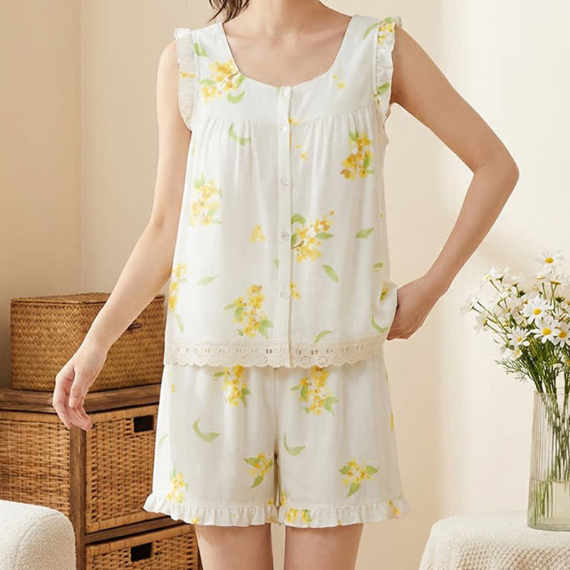 Ärmelloses Loungewear-Set mit Osmanthus-Rüschen und Spitze - image 1