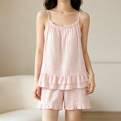 Loungewear-Set aus weicher Baumwolle mit Vichy-Karo und Rüschen - image 1