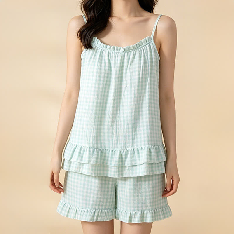 Loungewear-Set aus weicher Baumwolle mit Vichy-Karo und Rüschen - image 8