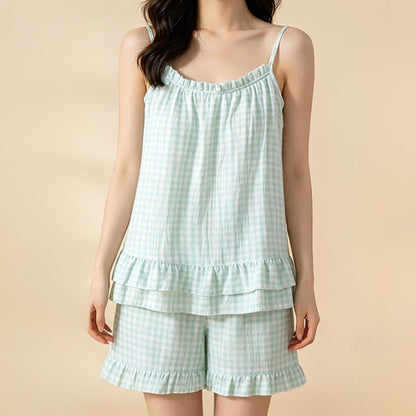 Loungewear-Set aus weicher Baumwolle mit Vichy-Karo und Rüschen - image 8