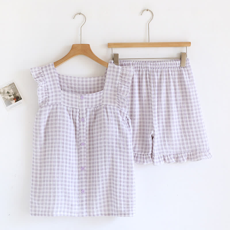 Pyjama-Set aus Baumwolle mit Rüschenärmeln und Vichy-Karo - Lila - XL - image 4