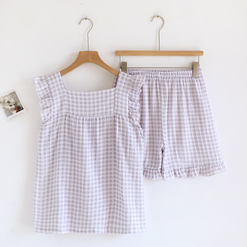 Pyjama-Set aus Baumwolle mit Rüschenärmeln und Vichy-Karo - image 6