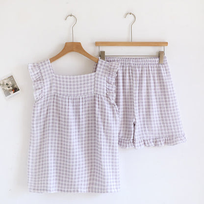 Pyjama-Set aus Baumwolle mit Rüschenärmeln und Vichy-Karo - image 6